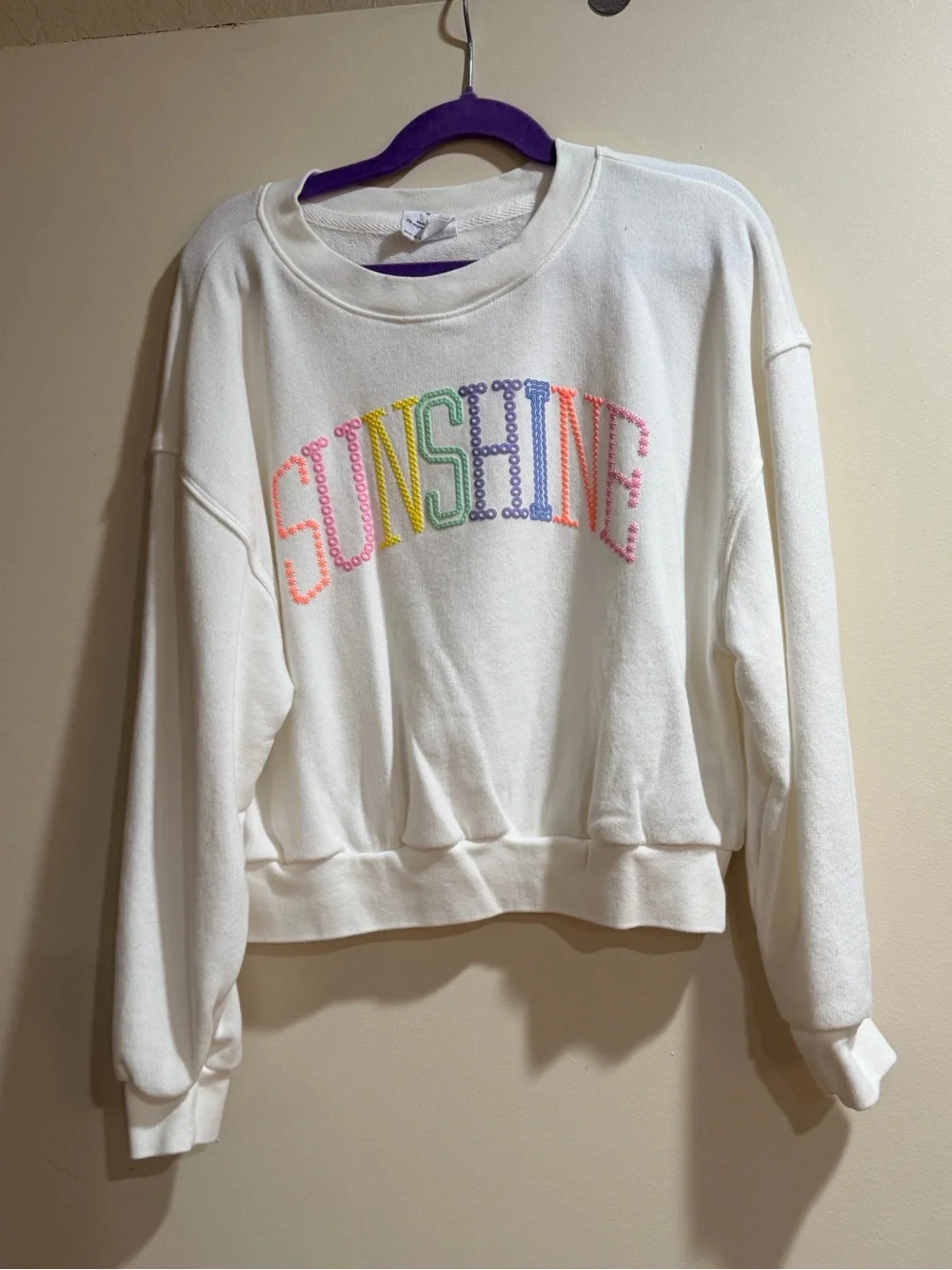 GAP White Crewneck Sweatshirt with Rainbow 'SUNSHINE' Beaded Embroidery